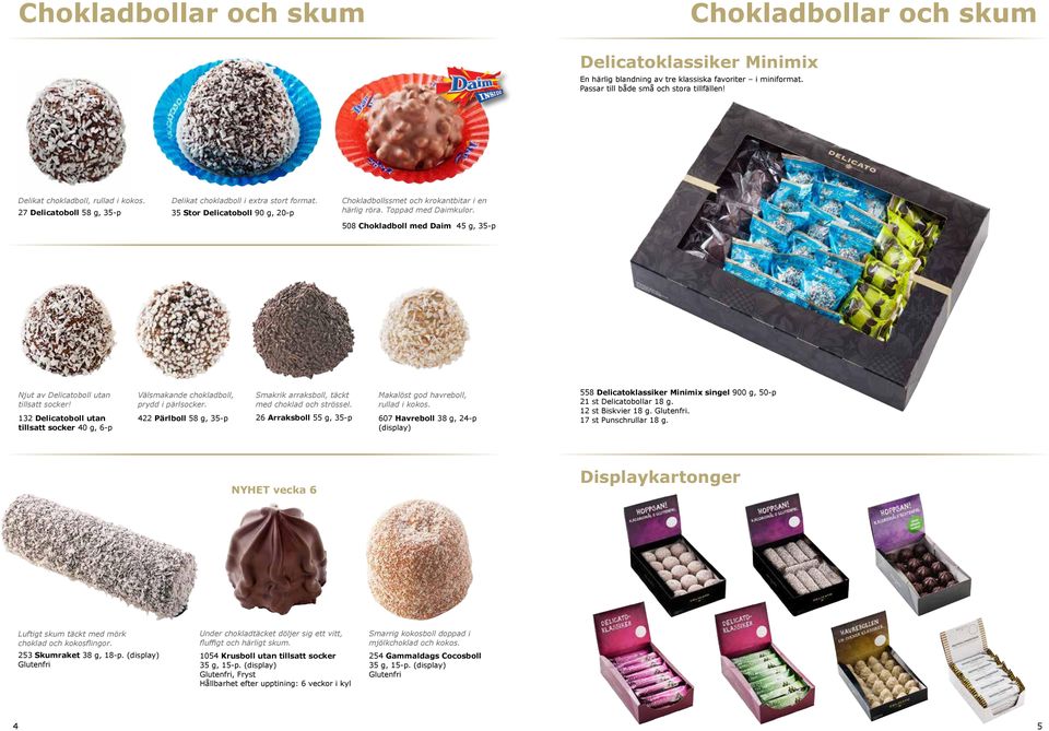 Toppad med Daimkulor. 508 Chokladboll med Daim 45 g, 35-p Njut av Delicatoboll utan tillsatt socker! 132 Delicatoboll utan tillsatt socker 40 g, 6-p Välsmakande chokladboll, prydd i pärlsocker.