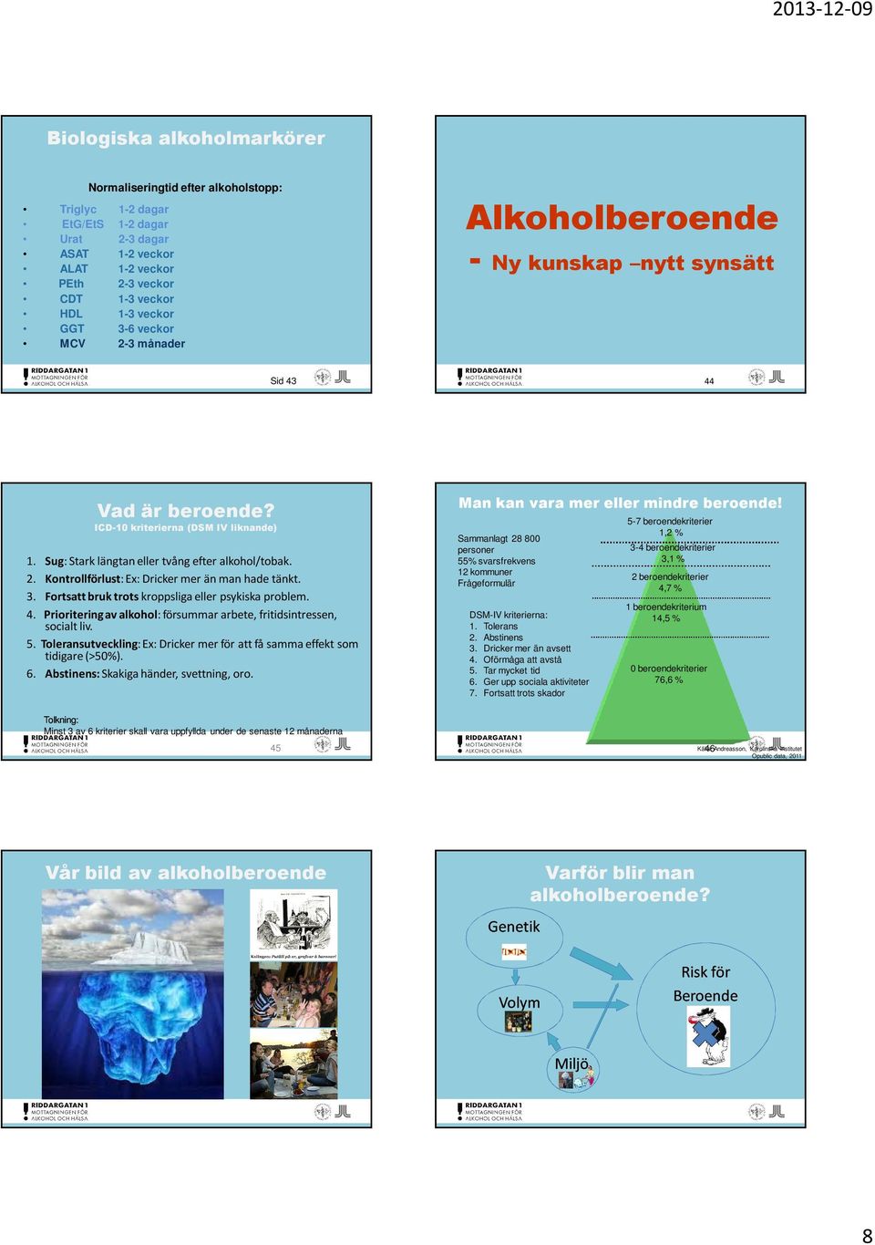 3. Fortsatt bruk trots kroppsliga eller psykiska problem. 4. Prioritering av alkohol: försummar arbete, fritidsintressen, socialt liv. 5.