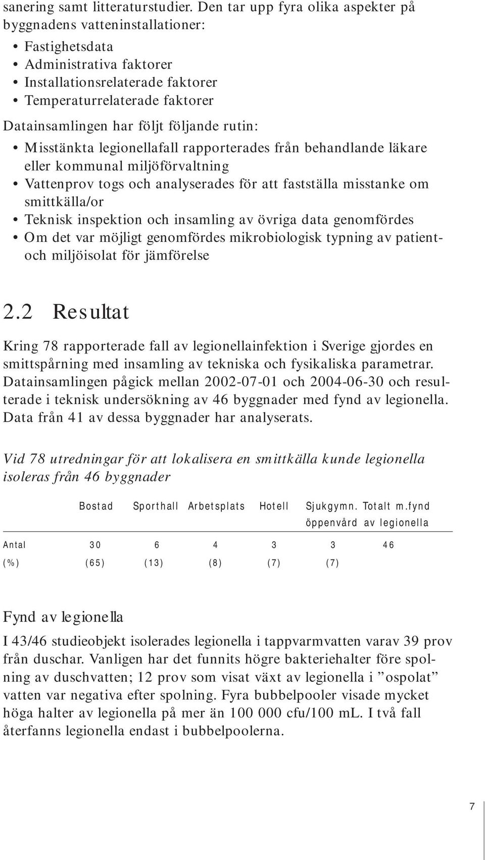 följande rutin: Misstänkta legionellafall rapporterades från behandlande läkare eller kommunal miljöförvaltning Vattenprov togs och analyserades för att fastställa misstanke om smittkälla/or Teknisk