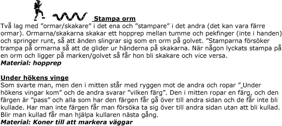 Stamparna försöker trampa på ormarna så att de glider ur händerna på skakarna. När någon lyckats stampa på en orm och ligger på marken/golvet så får hon bli skakare och vice versa.