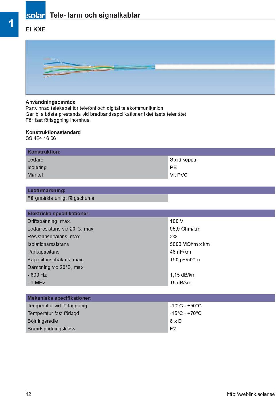 Konstruktionsstandard SS 424 16 66 Konstruktion: Ledare Isolering Mantel Solid koppar PE Vit PVC Ledarmärkning: Färgmärkta enligt färgschema Driftspänning, max.