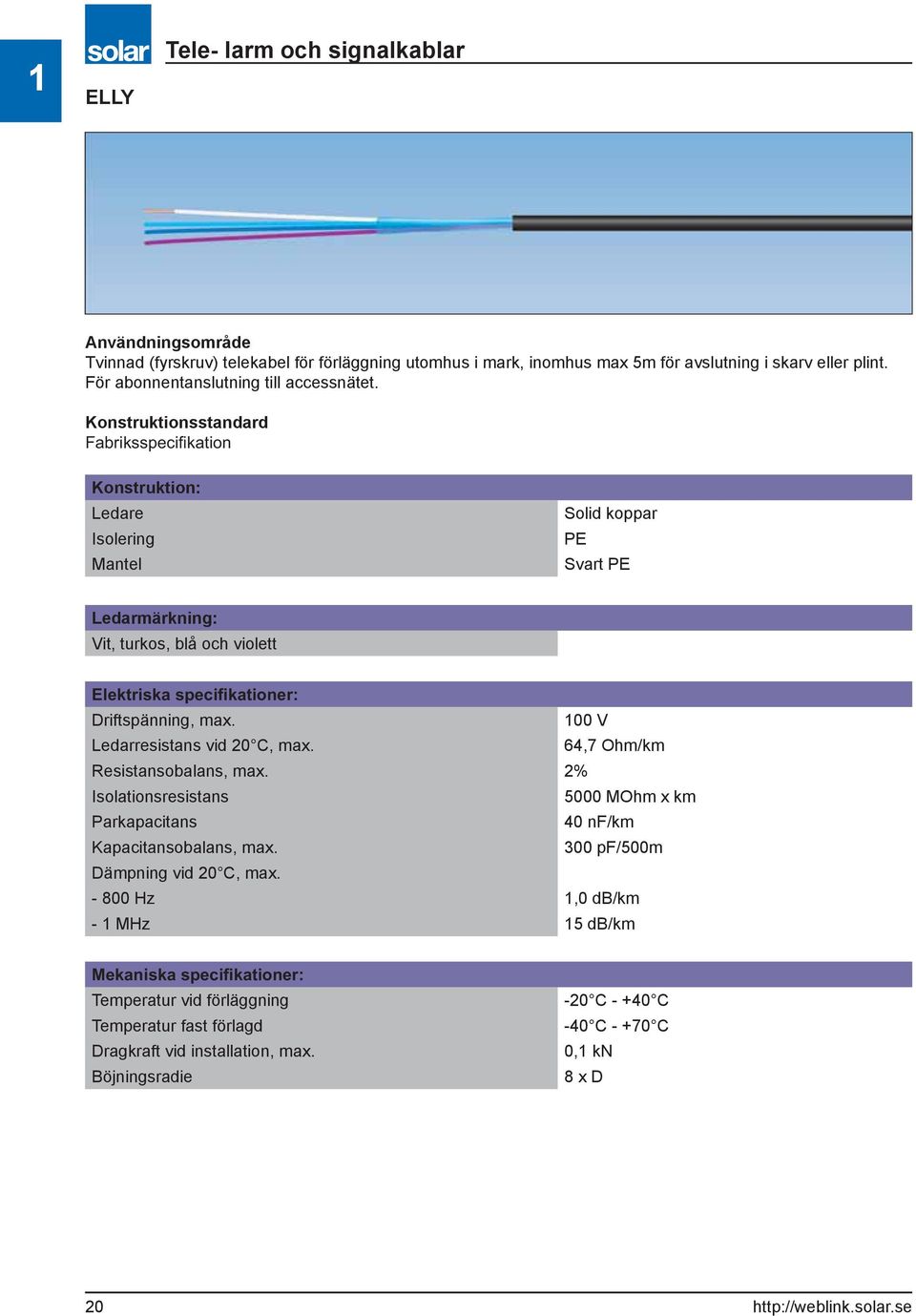 Konstruktionsstandard Konstruktion: Ledare Isolering Mantel Solid koppar PE Svart PE Ledarmärkning: Vit, turkos, blå och violett Driftspänning, max.