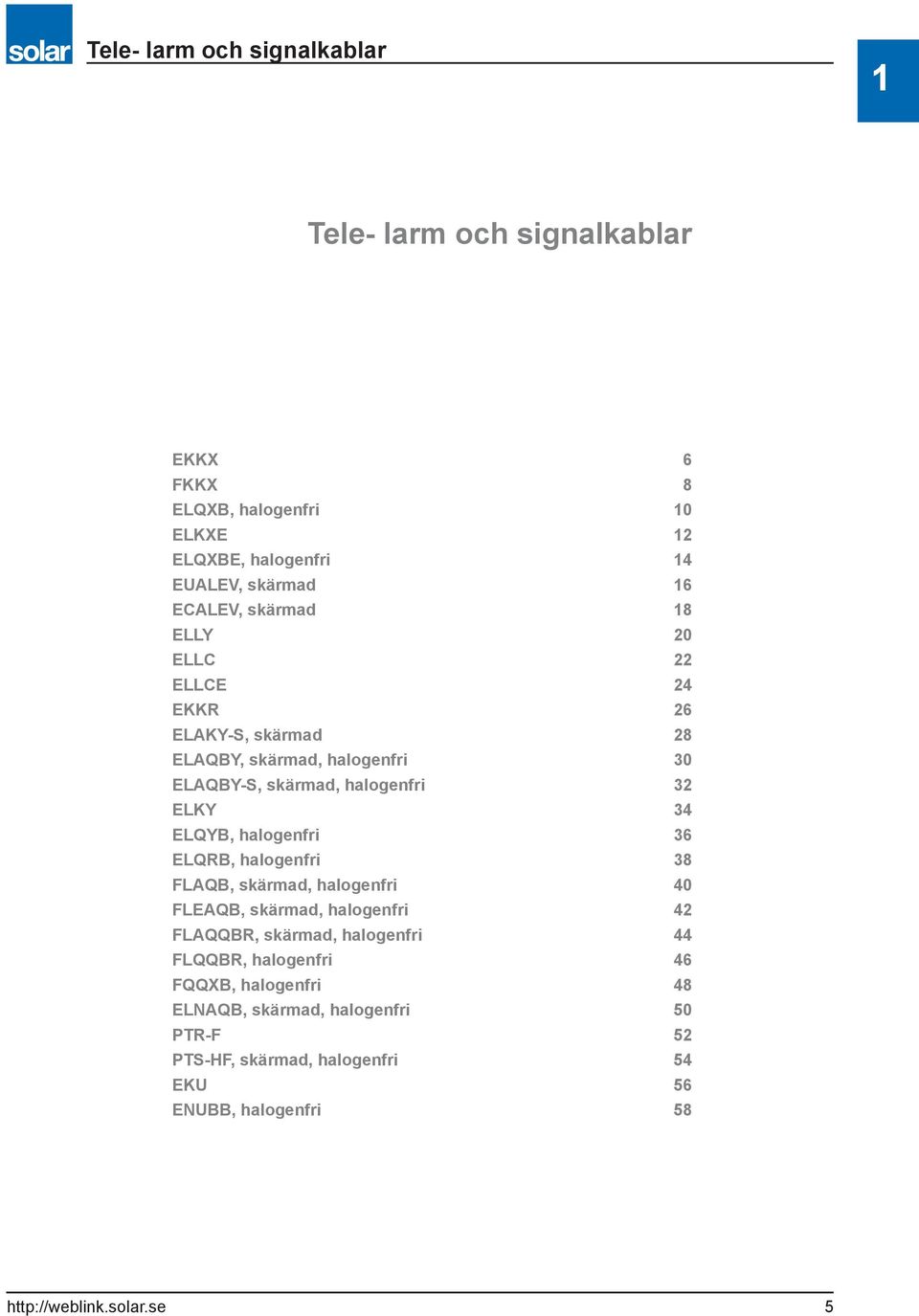 ELKY 34 ELQYB, halogenfri 36 ELQRB, halogenfri 38 FLAQB, skärmad, halogenfri 40 FLEAQB, skärmad, halogenfri 42 FLAQQBR, skärmad, halogenfri