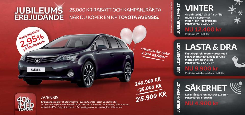 294 kr/mån* 240.900 kr 25.000 kr 215.900 kr VINTER 4 st vinterhjul på 16 alufälg (dubb alt dubbfritt). Motor och kupévärmare. Paketvärde: 15.900 kr NU 12.400 kr Pristillägg 17 + 3.