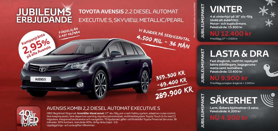 Innehåller bland annat: 17 alufälg, precrash Safety system, adaptive cruise control, lane keeping assist, lane departure warning, skyview panoramatak, multimediasystem Toyota Touch & Go med 11