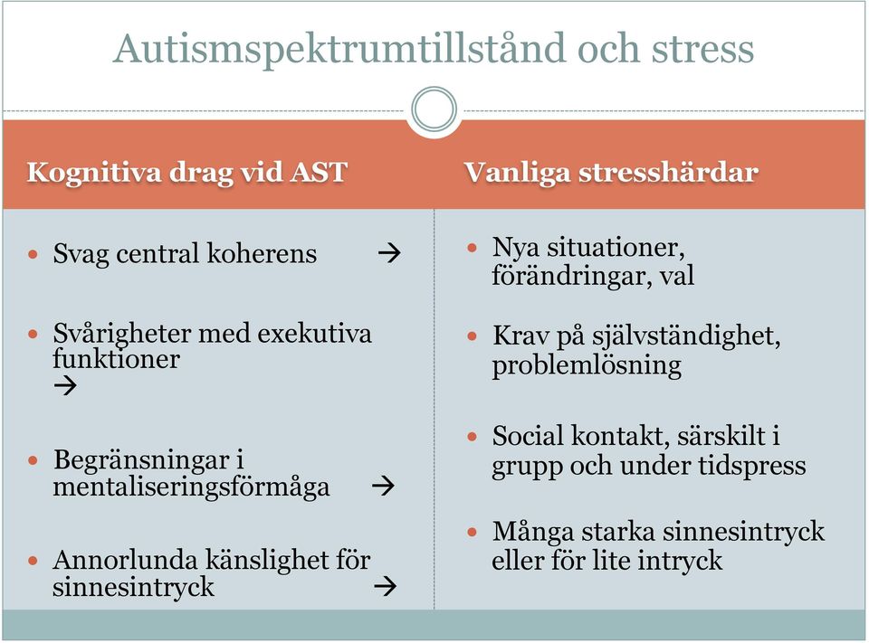 problemlösning Begränsningar i mentaliseringsförmåga à Annorlunda känslighet för sinnesintryck à