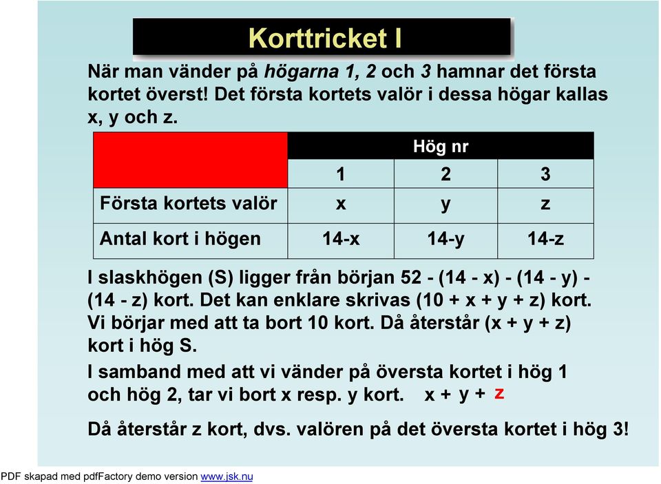 -z) kort. Det kan enklare skrivas (10 + x + y + z) kort. Vi börjar med att ta bort 10 kort. Då återstår (x + y + z) kort i hög S.