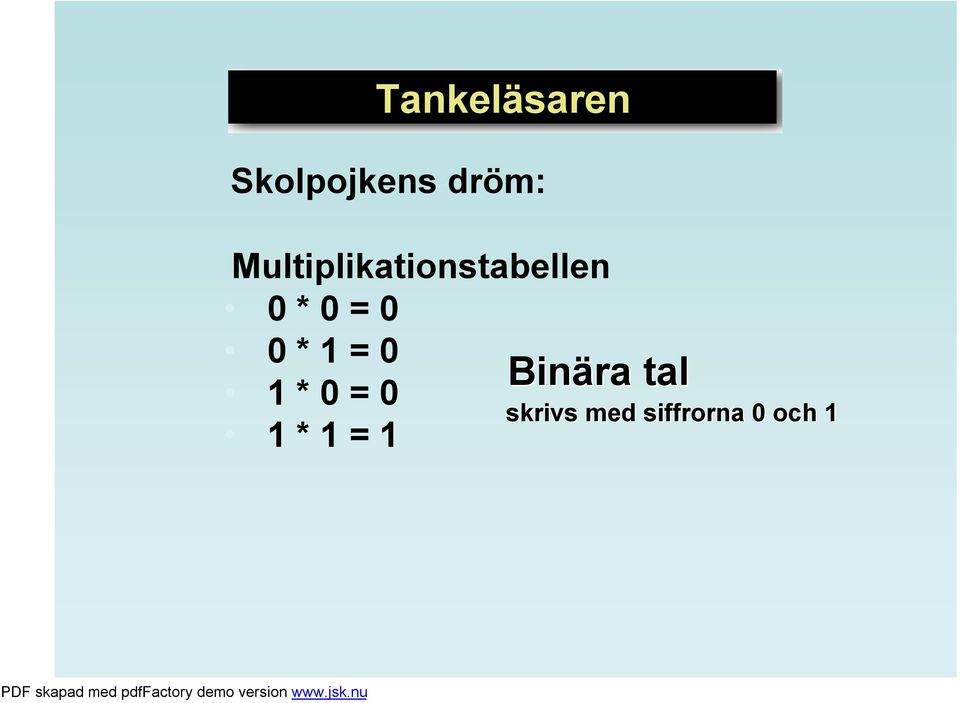 0 * 1 = 0 Bin 1 * 0 = 0 1 * 1 = 1