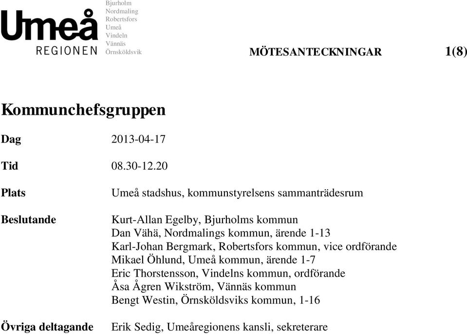 kommun, ärende 1-13 Karl-Johan Bergmark, Robertsfors kommun, vice ordförande Mikael Öhlund, Umeå kommun, ärende 1-7 Eric Thorstensson,