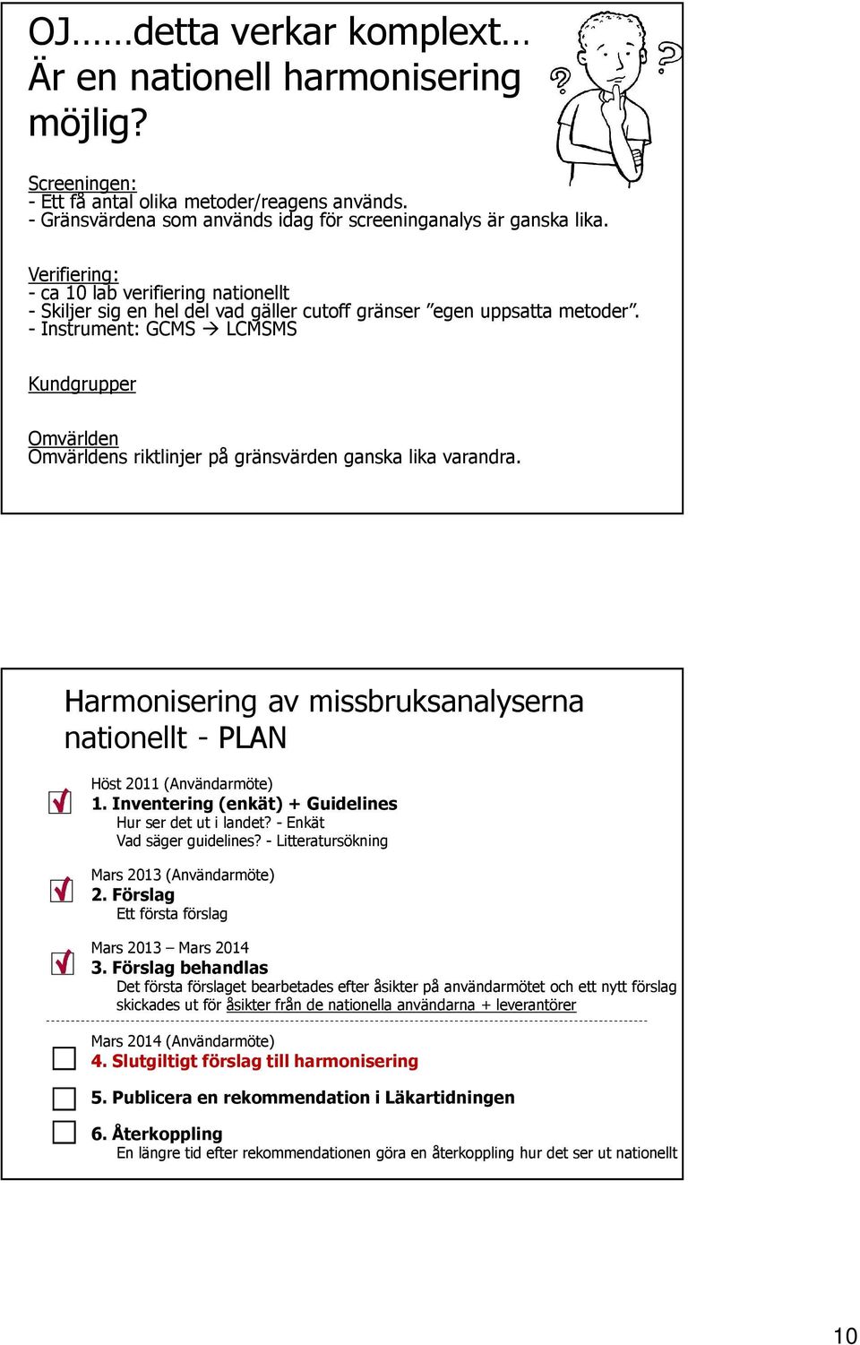 - Instrument: GCMS LCMSMS Kundgrupper Omvärlden Omvärldens riktlinjer på gränsvärden ganska lika varandra. Harmonisering av missbruksanalyserna nationellt - PLAN Höst 2011 (Användarmöte) 1.