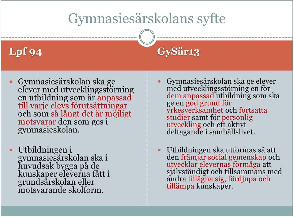 Gymnasiesärskolan ska ge elever med utvecklingsstörning en för dem anpassad utbildning som ska ge en god grund för yrkesverksamhet och fortsatta studier samt för personlig utveckling och ett