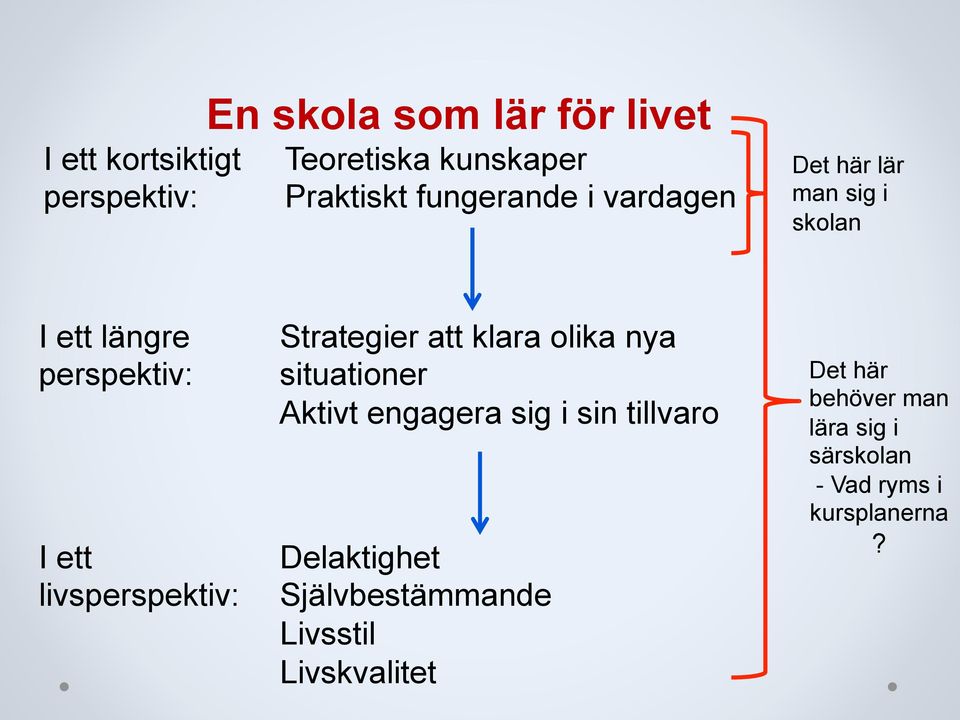 livsperspektiv: Strategier att klara olika nya situationer Aktivt engagera sig i sin tillvaro