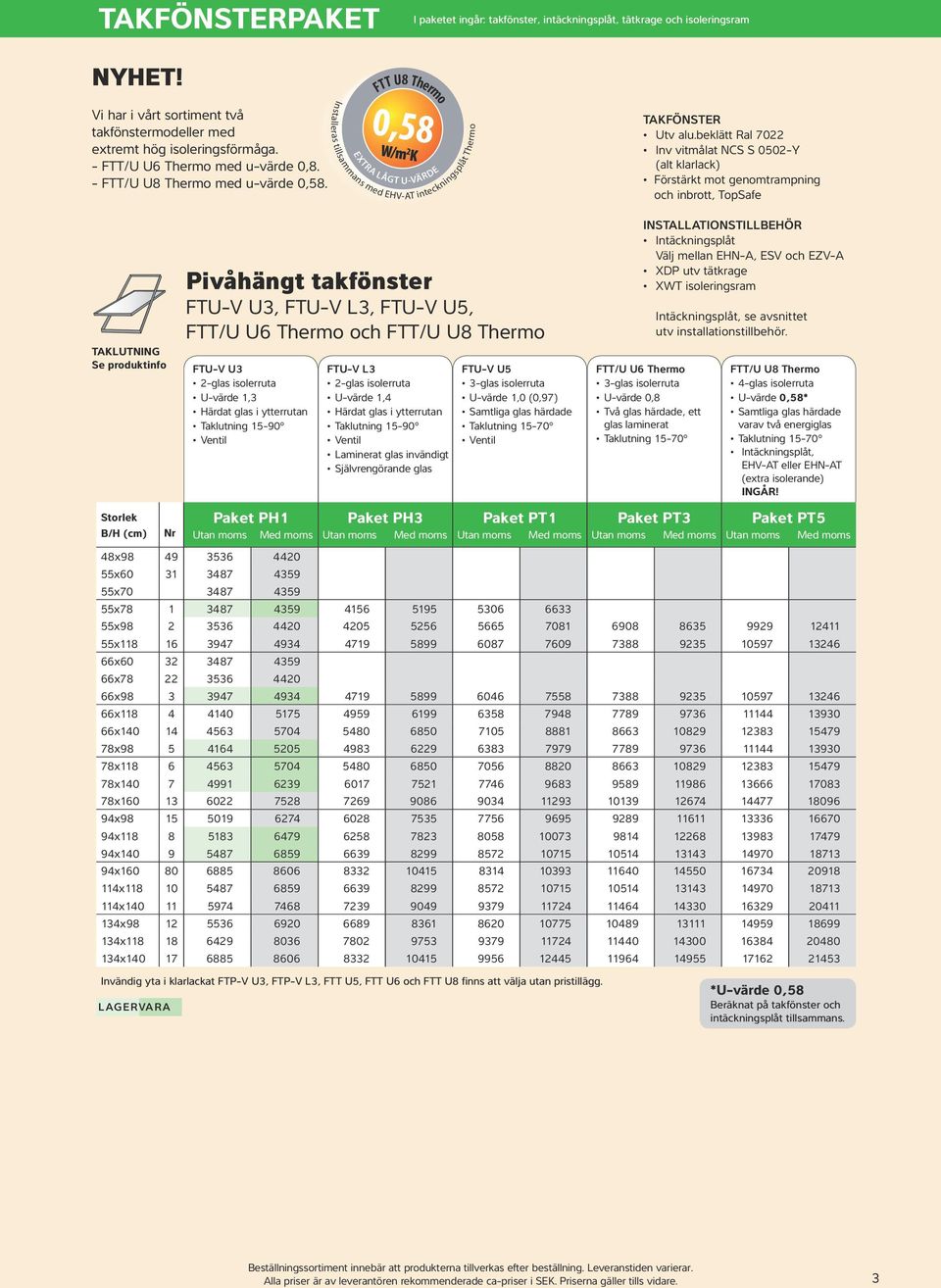 Installeras tillsammans med EHV-AT inteckningsplåt Thermo EXTRA LÅGT U-VÄRDE TAKFÖNSTER Inv vitmålat NCS S 0502-Y (alt klarlack) Förstärkt mot genomtrampning och inbrott, TopSafe Se produktinfo