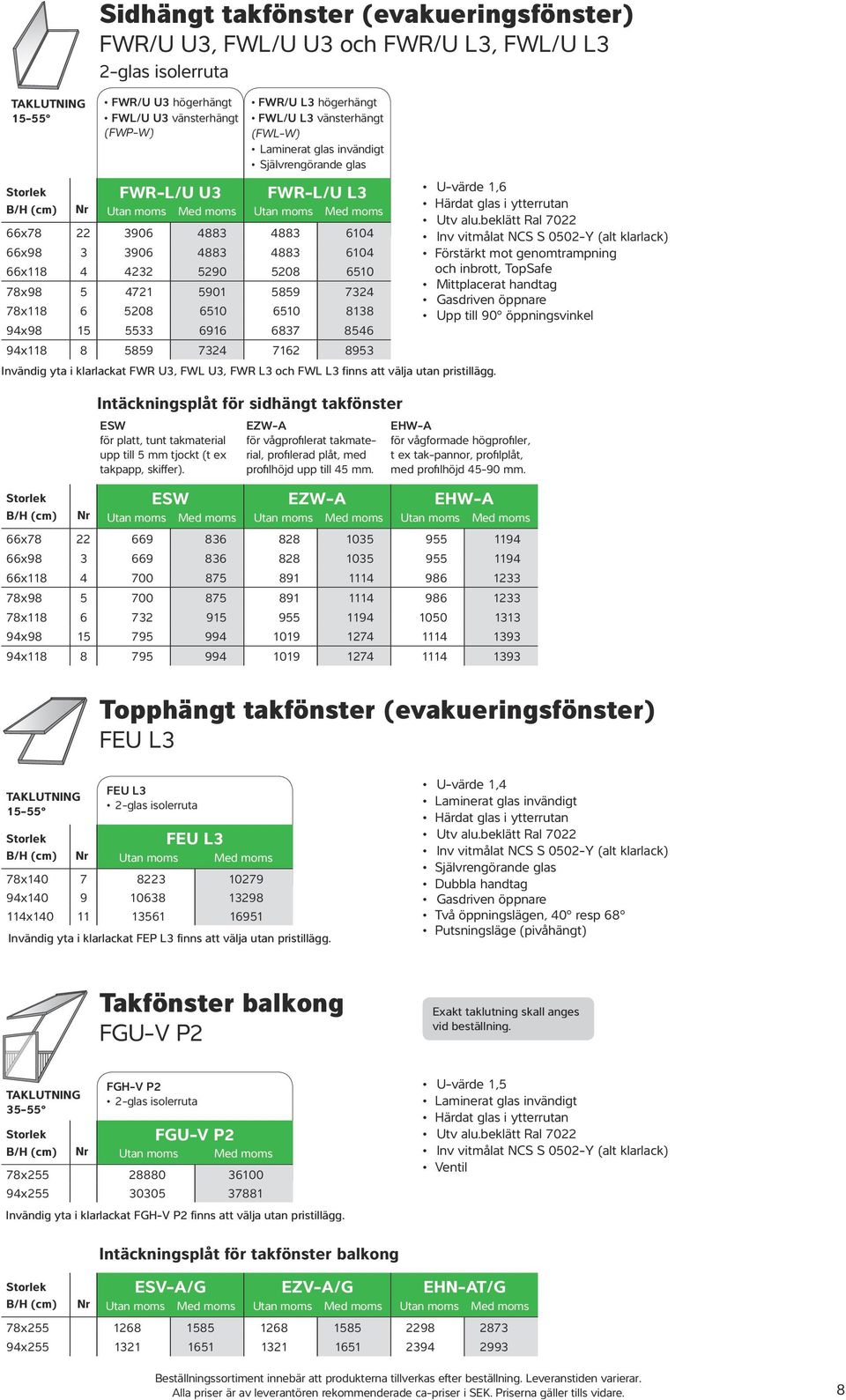 (evakueringsfönster) FWR/U U3, FWL/U U3 och FWR/U L3, FWL/U L3 2-glas isolerruta Invändig yta i klarlackat FWR U3, FWL U3, FWR L3 och FWL L3 finns att välja utan pristillägg.