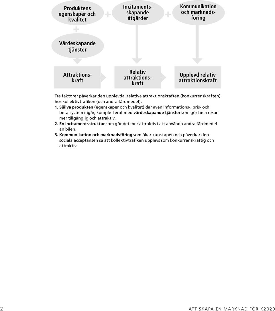 Själva produkten (egenskaper och kvalitet) där även informations-, pris- och betalsystem ingår, kompletterat med värdeskapande tjänster som gör hela resan mer tillgänglig och attraktiv. 2.