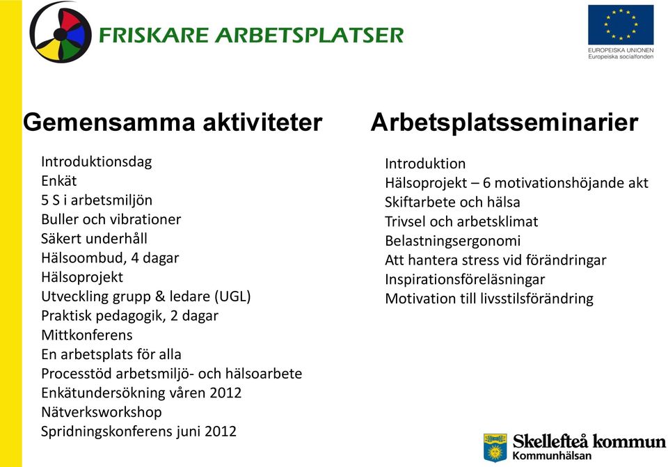 hälsoarbete Enkätundersökning våren 2012 Nätverksworkshop Spridningskonferens juni 2012 Introduktion Hälsoprojekt 6 motivationshöjande akt