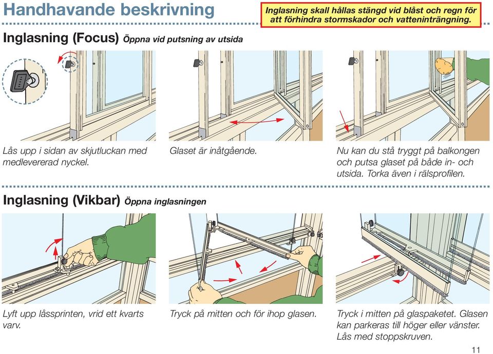 Nu kan du stå tryggt på balkongen och putsa glaset på både in- och utsida. Torka även i rälsprofilen.