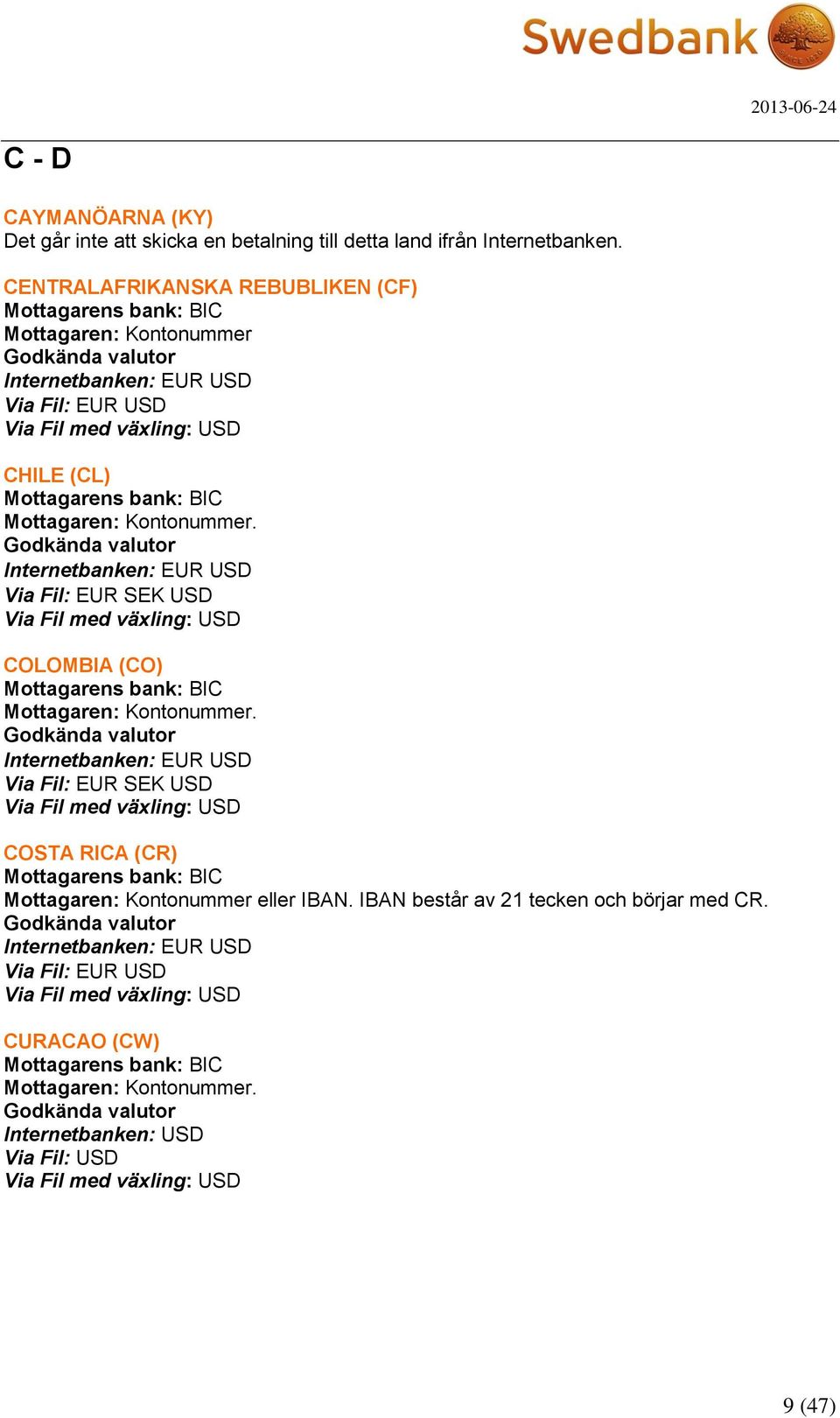 CENTRALAFRIKANSKA REBUBLIKEN (CF) CHILE (CL) Via Fil: EUR SEK USD COLOMBIA (CO)