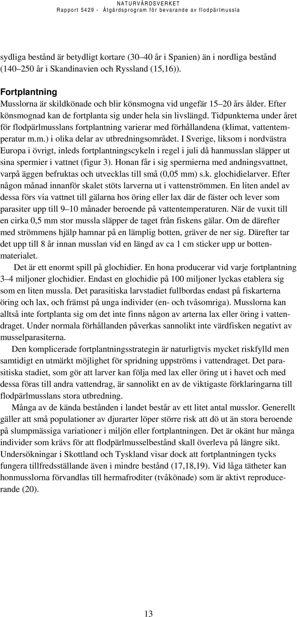Tidpunkterna under året för flodpärlmusslans fortplantning varierar med förhållandena (klimat, vattentemperatur m.m.) i olika delar av utbredningsområdet.