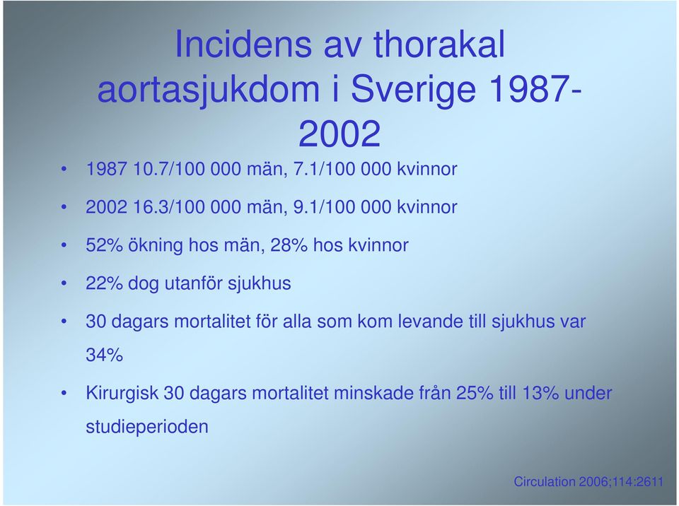 1/100 000 kvinnor 52% ökning hos män, 28% hos kvinnor 22% dog utanför sjukhus 30 dagars