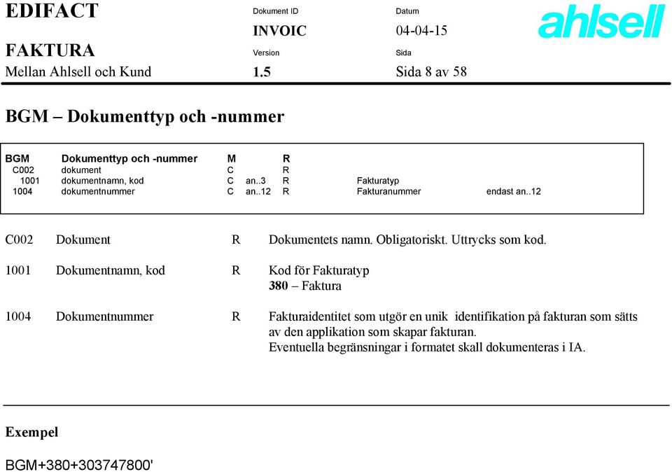 .3 R Fakturatyp 1004 dokumentnummer C an..12 R Fakturanummer endast an..12 C002 Dokument R Dokumentets namn. Obligatoriskt.