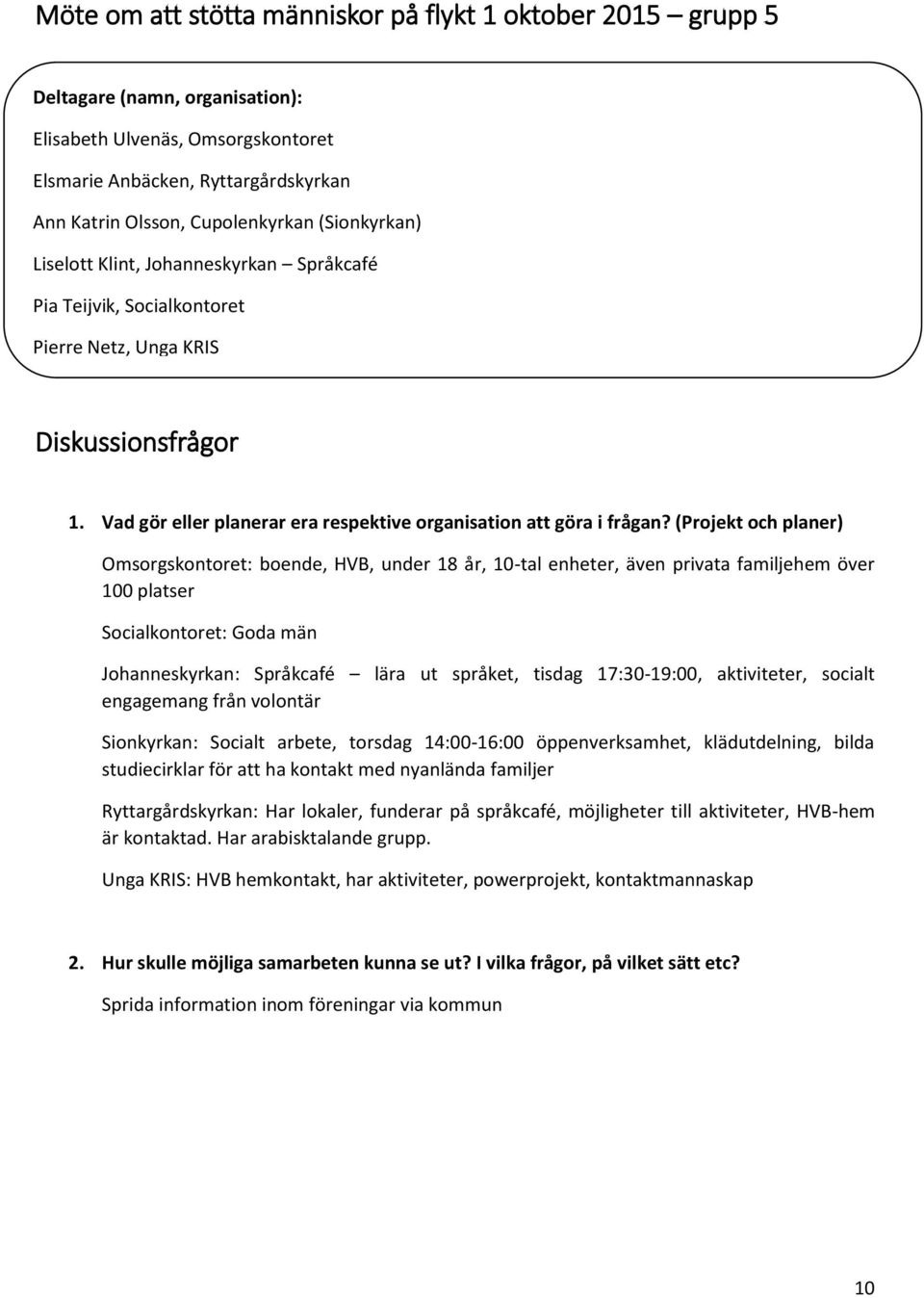 (Projekt och planer) Omsorgskontoret: boende, HVB, under 18 år, 10-tal enheter, även privata familjehem över 100 platser Socialkontoret: Goda män Johanneskyrkan: Språkcafé lära ut språket, tisdag