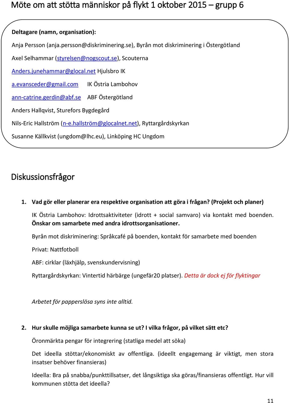 se IK Östria Lambohov ABF Östergötland Anders Hallqvist, Sturefors Bygdegård Nils-Eric Hallström (n-e.hallström@glocalnet.net), Ryttargårdskyrkan Susanne Källkvist (ungdom@lhc.