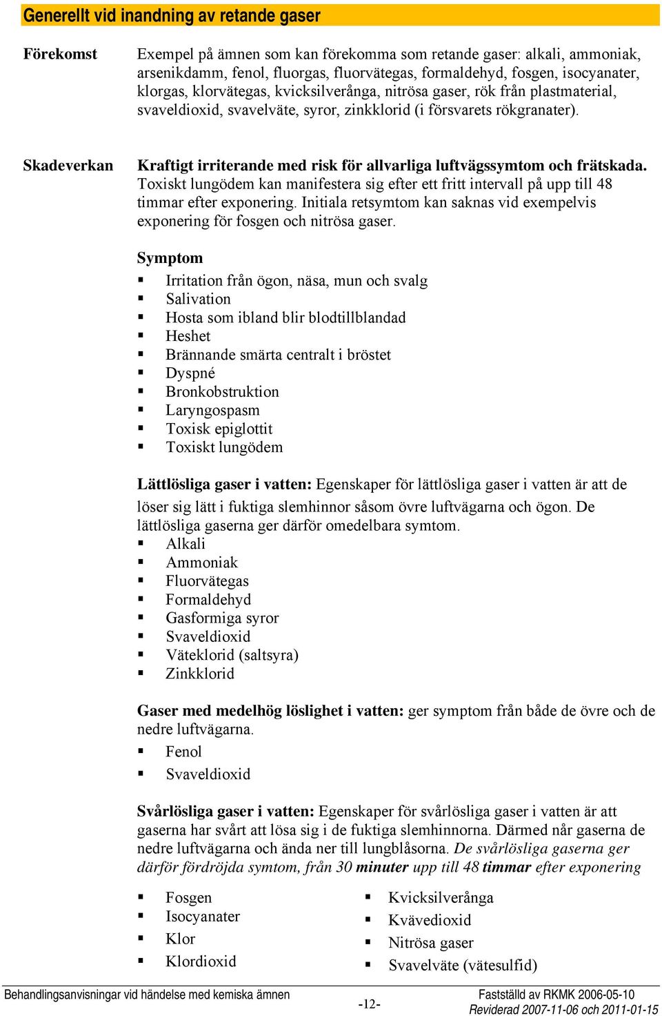 Skadeverkan Kraftigt irriterande med risk för allvarliga luftvägssymtom och frätskada. Toxiskt lungödem kan manifestera sig efter ett fritt intervall på upp till 48 timmar efter exponering.