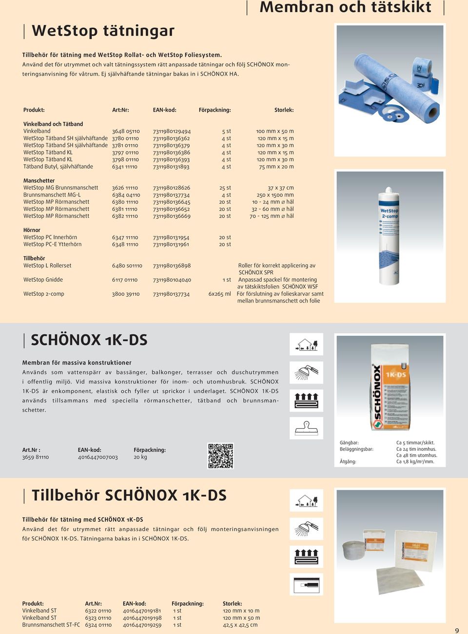 Produkt: rt:nr: EN-kod: Förpackning: Storlek: Vinkelband och Tätband Vinkelband 3648 05110 7311980129494 5 st 100 mm x 50 m WetStop Tätband SH självhäftande 3780 01110 7311980136362 4 st 120 mm x 15