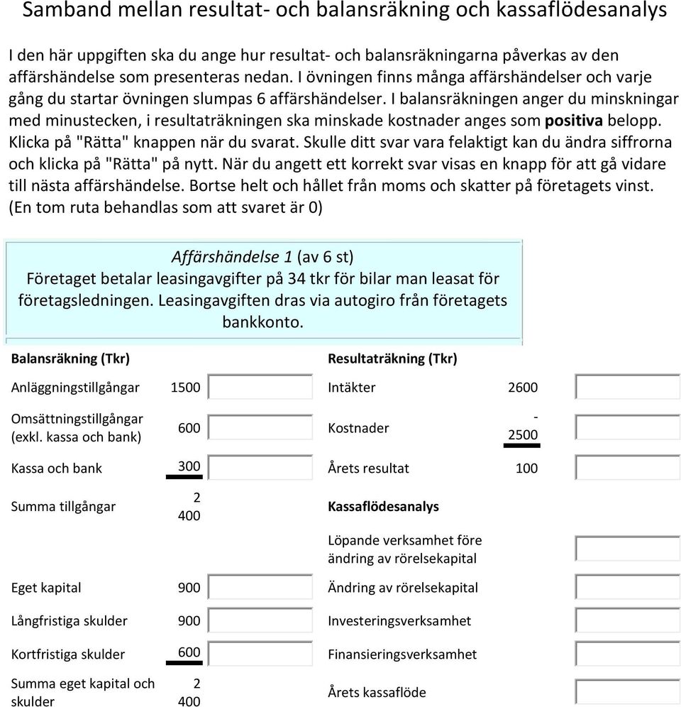 I balansräkningen anger du minskningar med minustecken, i resultaträkningen ska minskade kostnader anges som positiva belopp. Klicka på "Rätta" knappen när du svarat.