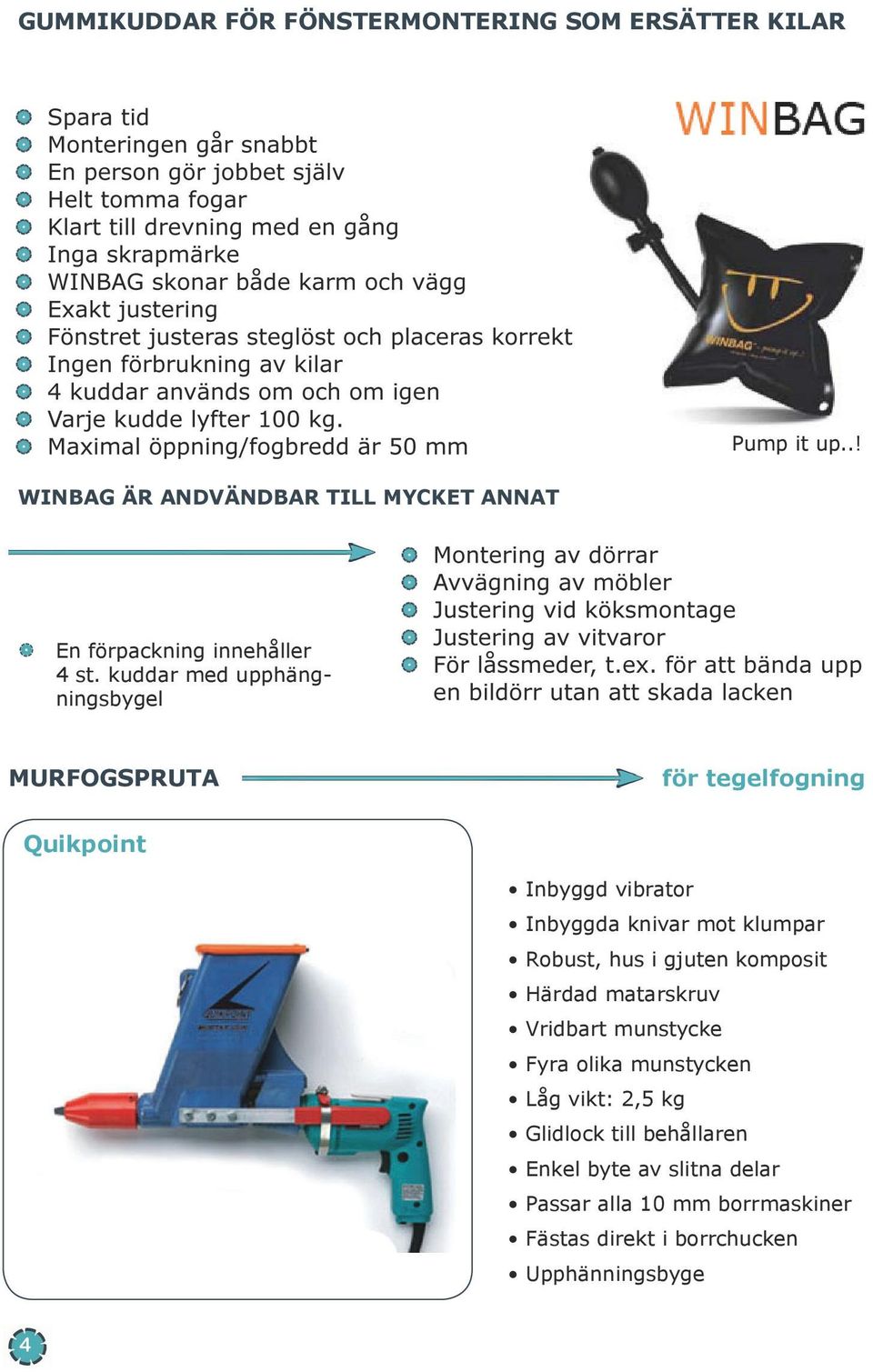 kuddar med upphängningsbygel MURFOGSPRUTA för tegelfogning Quikpoint Inbyggd vibrator Inbyggda knivar mot klumpar Robust,