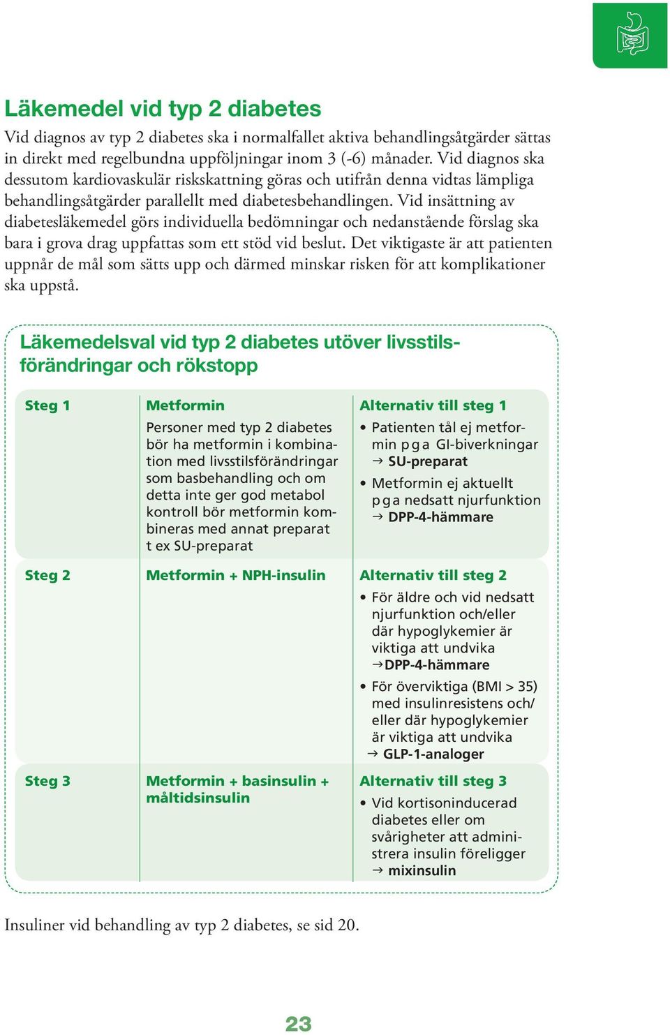 Vid insättning av diabetesläkemedel görs individuella bedömningar och nedanstående förslag ska bara i grova drag uppfattas som ett stöd vid beslut.
