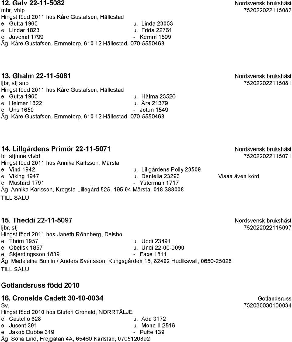 Ghalm 22-11-5081 Nordsvensk brukshäst ljbr, stj snp 752022022115081 Hingst född 2011 hos Kåre Gustafson, Hällestad e. Gutta 1960 u. Hälma 23526 e. Helmer 1822 u. Ära 21379 e.