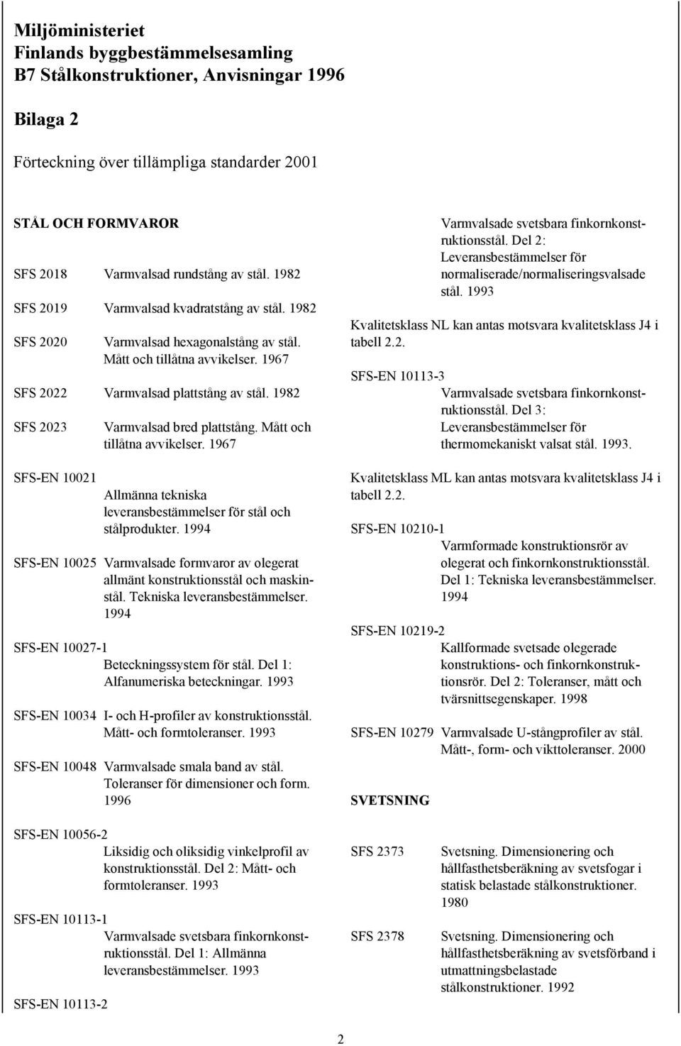 1982 SFS 2023 SFS-EN 10021 Varmvalsad bred plattstång. Mått och tillåtna avvikelser. 1967 Allmänna tekniska leveransbestämmelser för stål och stålprodukter.