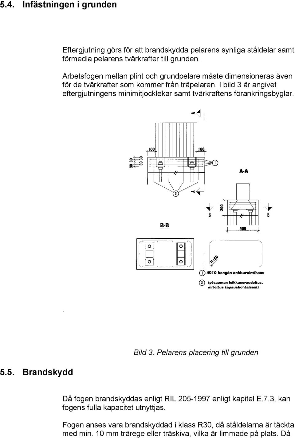 I bild 3 är angivet eftergjutningens minimitjocklekar samt tvärkraftens förankringsbyglar.. 5.5. Brandskydd Bild 3.
