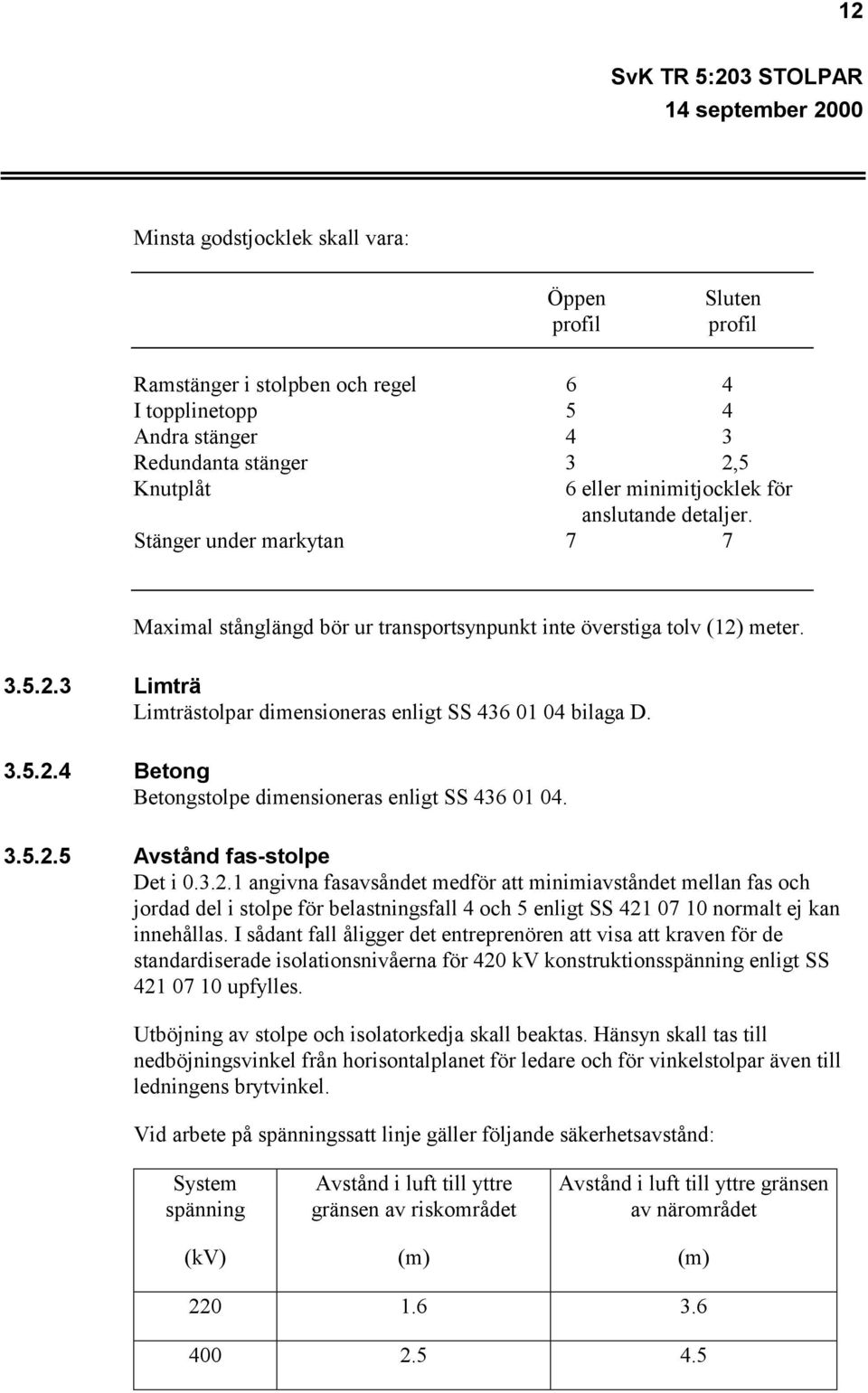 3.5.2.5 Avstånd fas-stolpe Det i 0.3.2.1 angivna fasavsåndet medför att minimiavståndet mellan fas och jordad del i stolpe för belastningsfall 4 och 5 enligt SS 421 07 10 normalt ej kan innehållas.