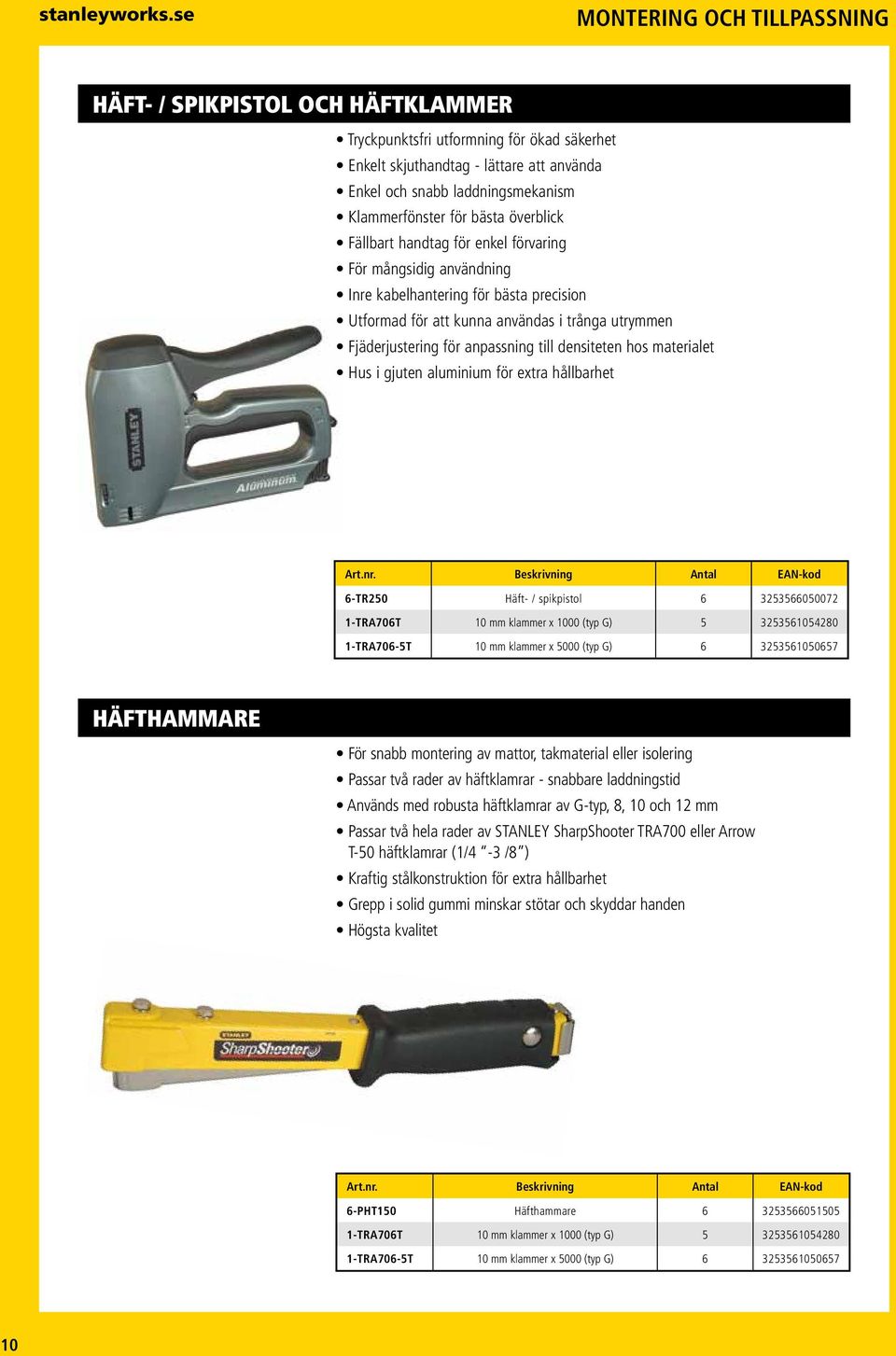 anpassning till densiteten hos materialet Hus i gjuten aluminium för extra hållbarhet 6-TR250 Häft- / spikpistol 6 3253566050072 1-TRA706T 10 mm klammer x 1000 (typ G) 5 3253561054280 1-TRA706-5T 10