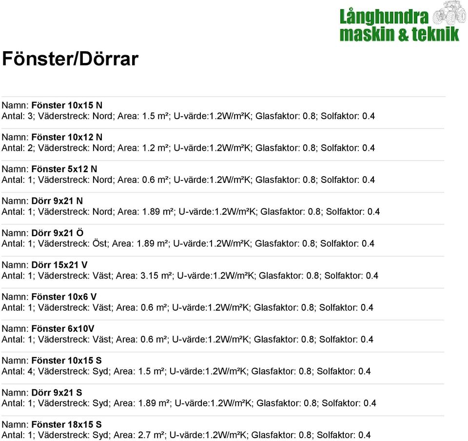 89 m²; U-värde:1.2W/m²K; Glasfaktor: 0.8; Solfaktor: 0.4 Namn: Dörr 9x21 Ö Antal: 1; Väderstreck: Öst; Area: 1.89 m²; U-värde:1.2W/m²K; Glasfaktor: 0.8; Solfaktor: 0.4 Namn: Dörr 15x21 V Antal: 1; Väderstreck: Väst; Area: 3.