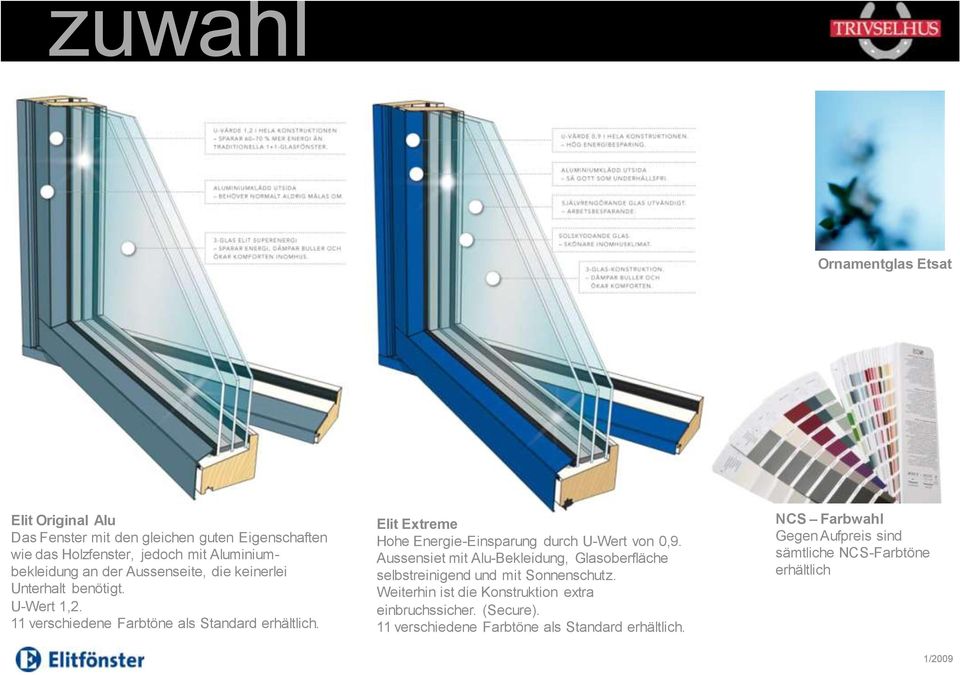 Elit Extreme Hohe Energie-Einsparung durch U-Wert von 0,9. Aussensiet mit Alu-Bekleidung, Glasoberfläche selbstreinigend und mit Sonnenschutz.