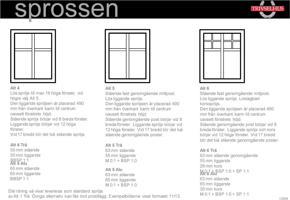 Alt 4 Trä 55 mm stående 55 mm liggande BBSP 1:1 Alt 4 Alu 65 mm stående 65 mm liggande BBSP 1:1 Alt 5 Stående fast genomgående mittpost. Lös liggande spröjs.