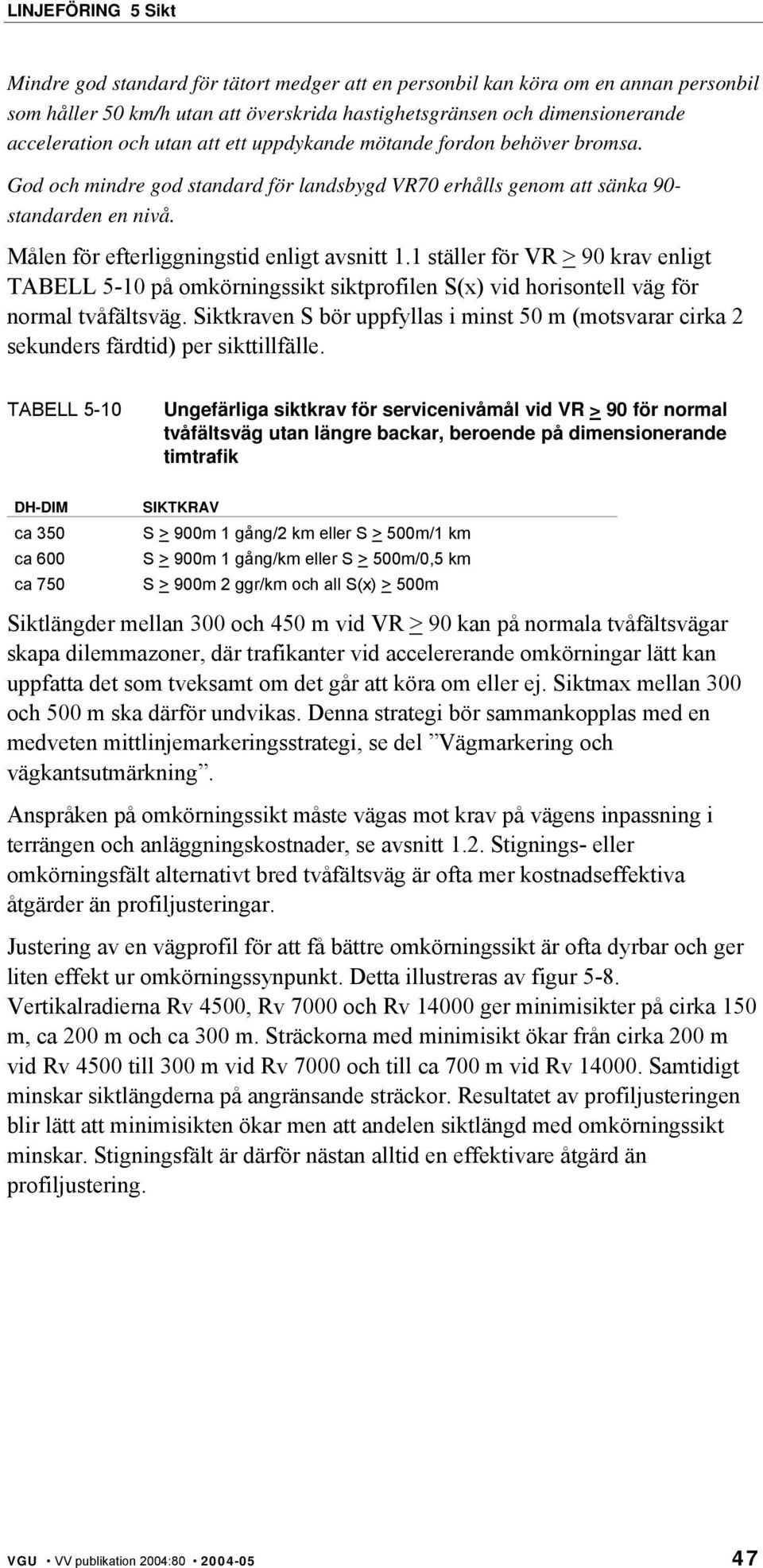 1 ställer för VR > 90 krav enligt TABELL 5-10 på omkörningssikt siktprofilen S(x) vid horisontell väg för normal tvåfältsväg.