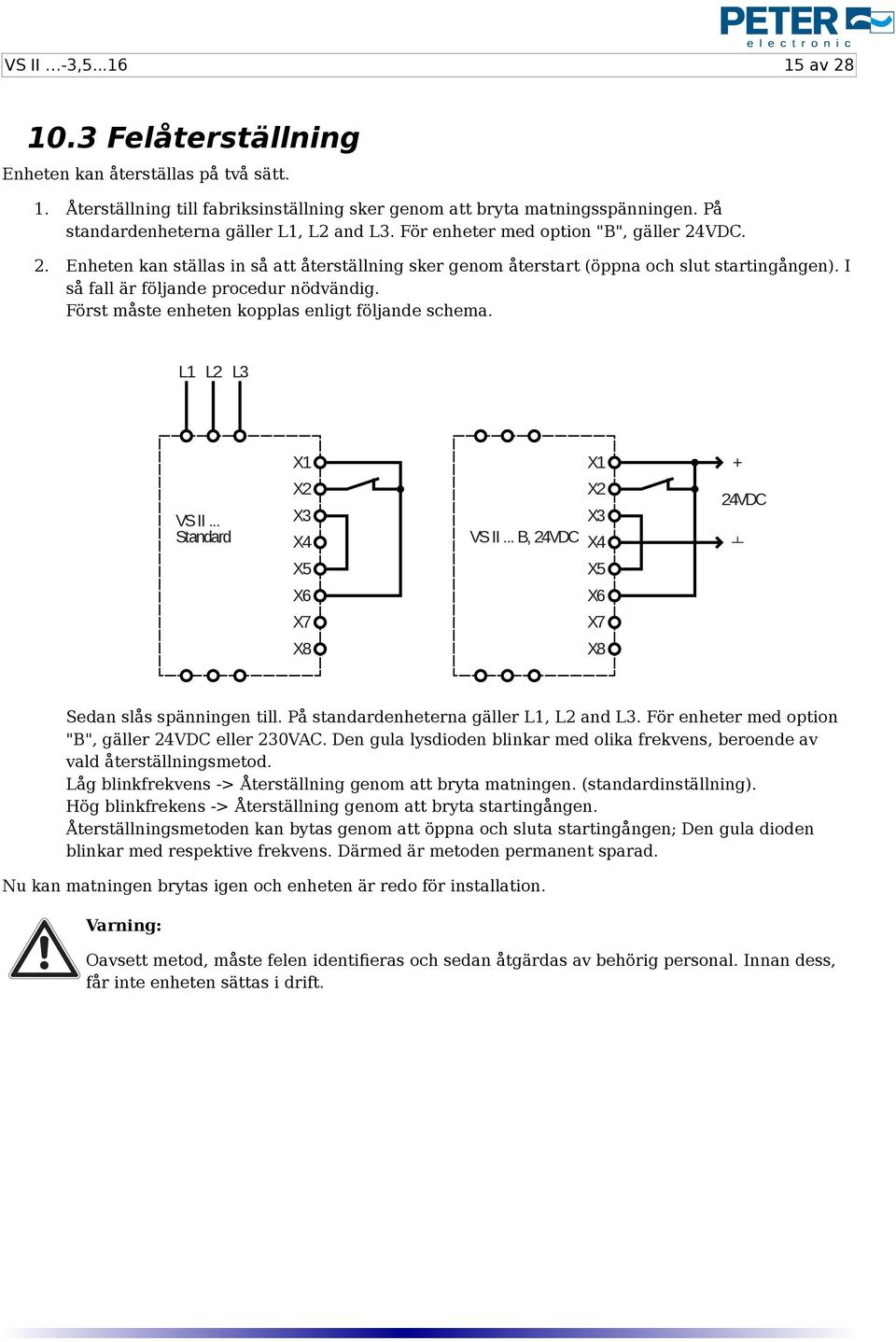I så fall är följande procedur nödvändig. Först måste enheten kopplas enligt följande schema. L1 L2 L3 VS II... Standard 1 2 3 4 5 6 7 8 VS II.