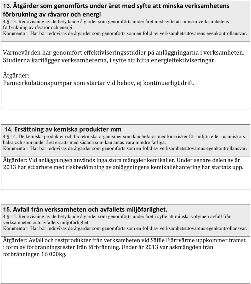 Kommentar: Här bör redovisas de åtgärder som genomförts som en följd av verksamhetsutövarens egenkontrollansvar. Värmevärden har genomfört effektiviseringsstudier på anläggningarna i verksamheten.