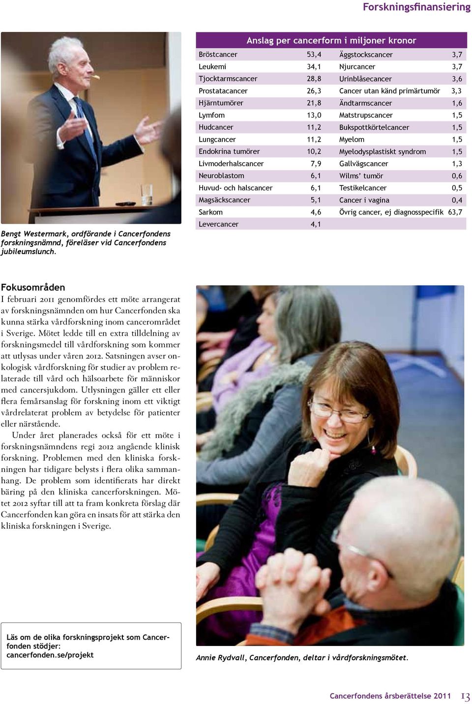 Prostatacancer 26,3 Cancer utan känd primärtumör 3,3 Hjärntumörer 21,8 Ändtarmscancer 1,6 Lymfom 13,0 Matstrupscancer 1,5 Hudcancer 11,2 Bukspottkörtelcancer 1,5 Lungcancer 11,2 Myelom 1,5 Endokrina