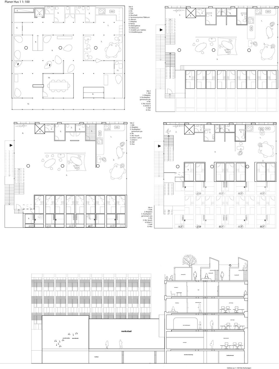 1 Vån 3 Kök Matplats Studieplats/ geensa yta Wc Wc/ dusch Enhet 3 Hall Hiss Vån 2 Kök Matplats Studieplats/ geensa yta Wc Wc/ dusch Enhet 1 och 2 Enhet