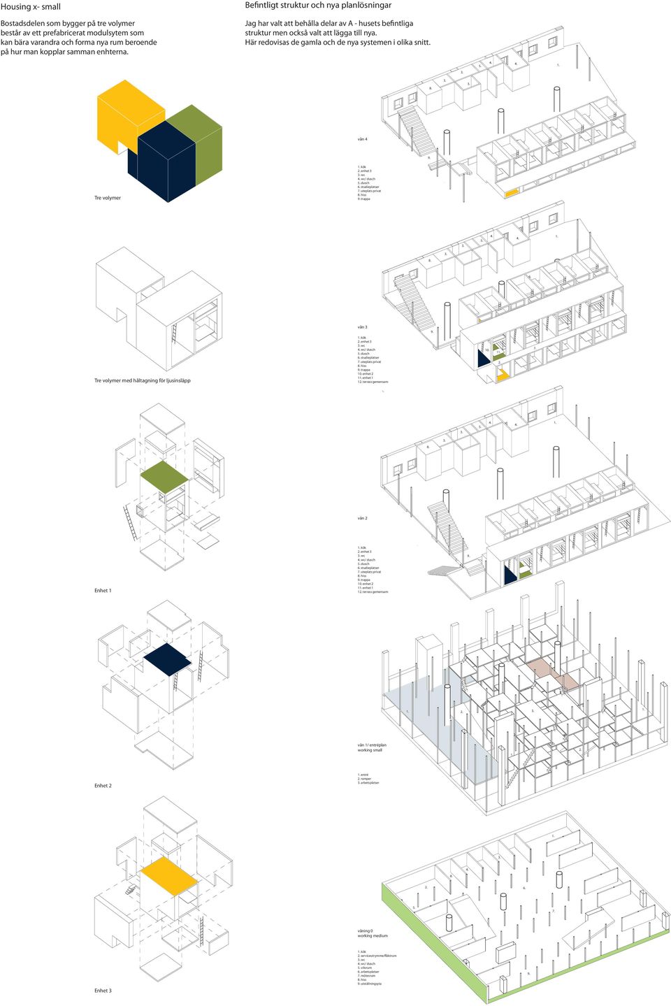 vån 4 Tre volyer kök enhet 3 wc wc/ dusch dusch studieplatser uteplats privat hiss trappa vån 3 Tre volyer ed håltagning för ljusinsläpp kök enhet 3 wc wc/ dusch dusch studieplatser uteplats privat