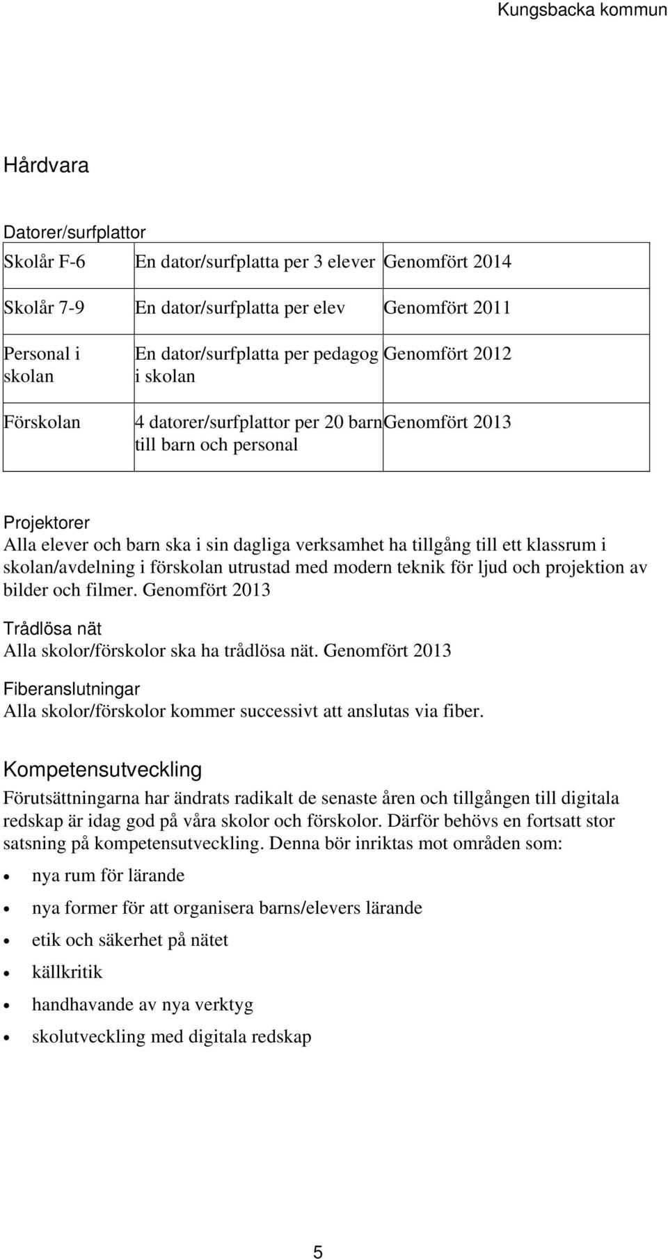 skolan/avdelning i förskolan utrustad med modern teknik för ljud och projektion av bilder och filmer. Genomfört 2013 Trådlösa nät Alla skolor/förskolor ska ha trådlösa nät.