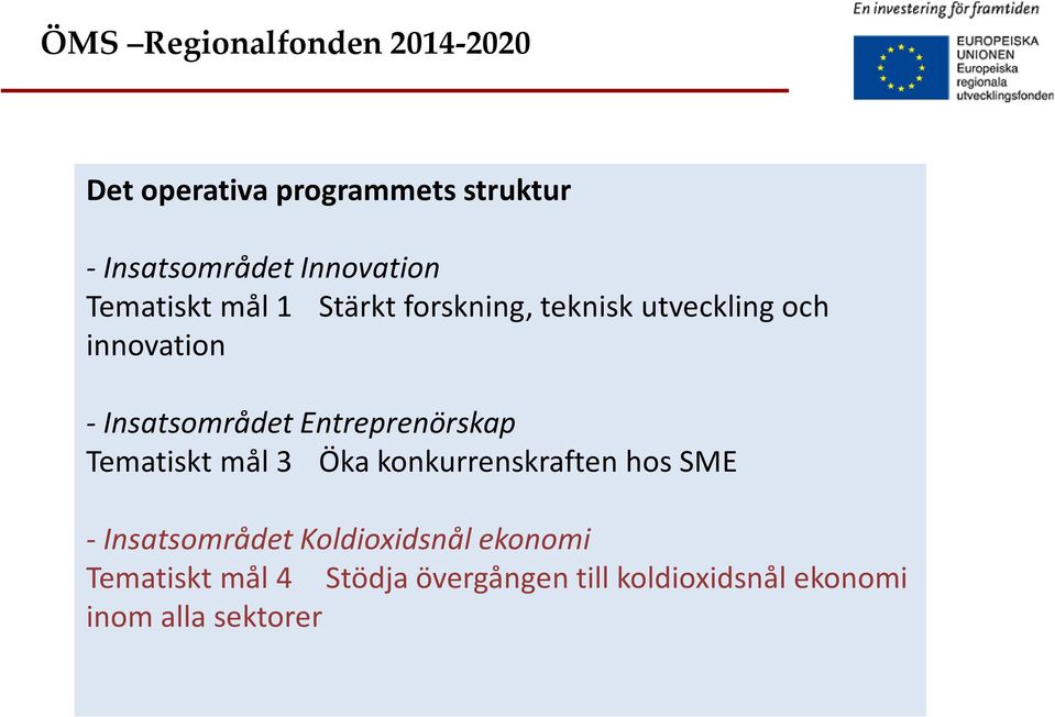 Entreprenörskap Tematiskt mål 3 Öka konkurrenskraften hos SME - Insatsområdet