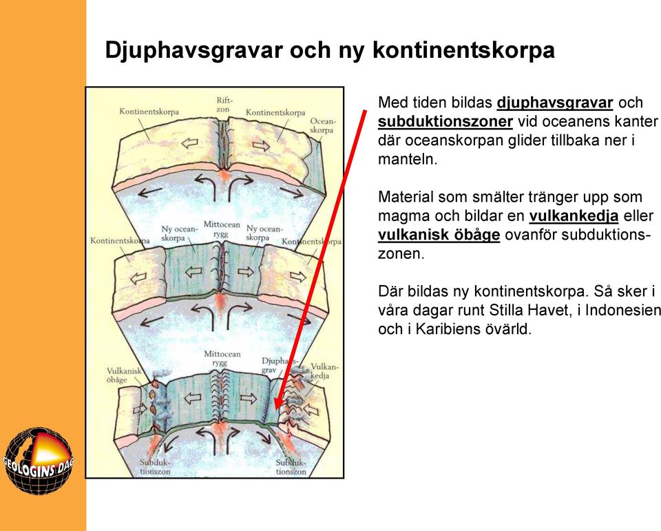 Material som smälter tränger upp som magma och bildar en vulkankedja eller vulkanisk öbåge