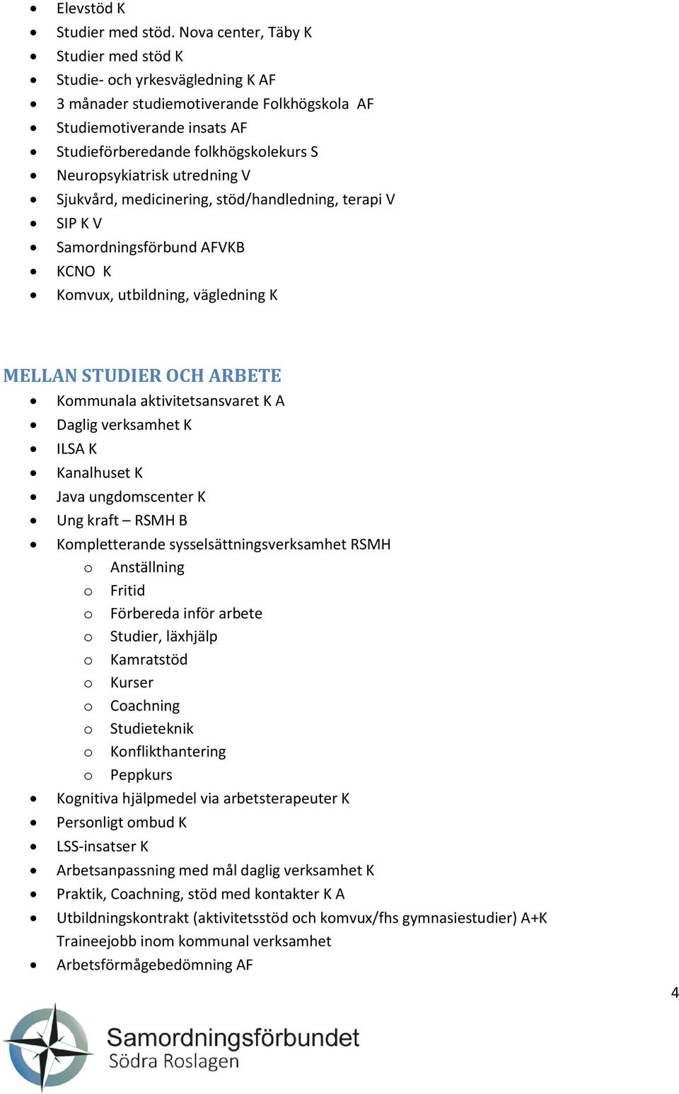 utredning V Sjukvård, medicinering, stöd/handledning, terapi V SIP K V Samordningsförbund AFVKB KCNO K Komvux, utbildning, vägledning K MELLAN STUDIER OCH ARBETE Kommunala aktivitetsansvaret K A